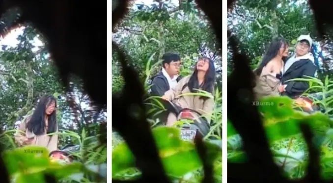 မှန်ကြောင်အတွဲချောင်းရိုက် ဆိုင်ကယ်ရပ်ပြီး ကျွင်းစိမ်နေ